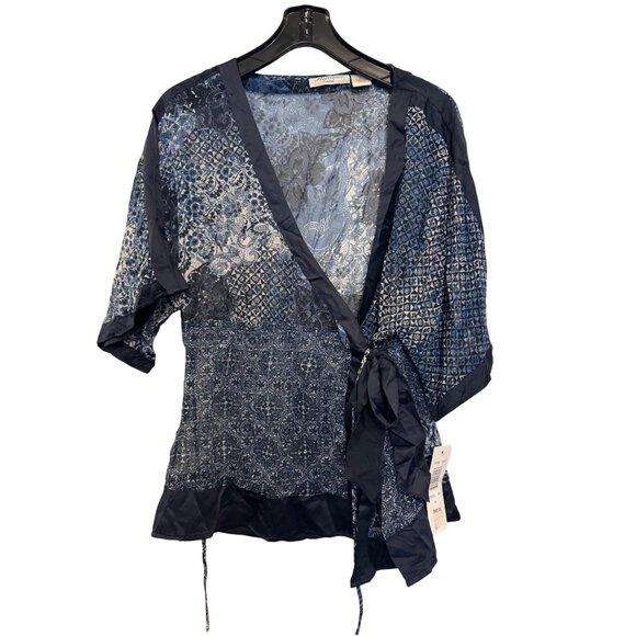 Heirloom Limited Tops - Heirloom Limited Womens Sheer Wrap Top With Intricate Blue Floral Print & Tie Wa
